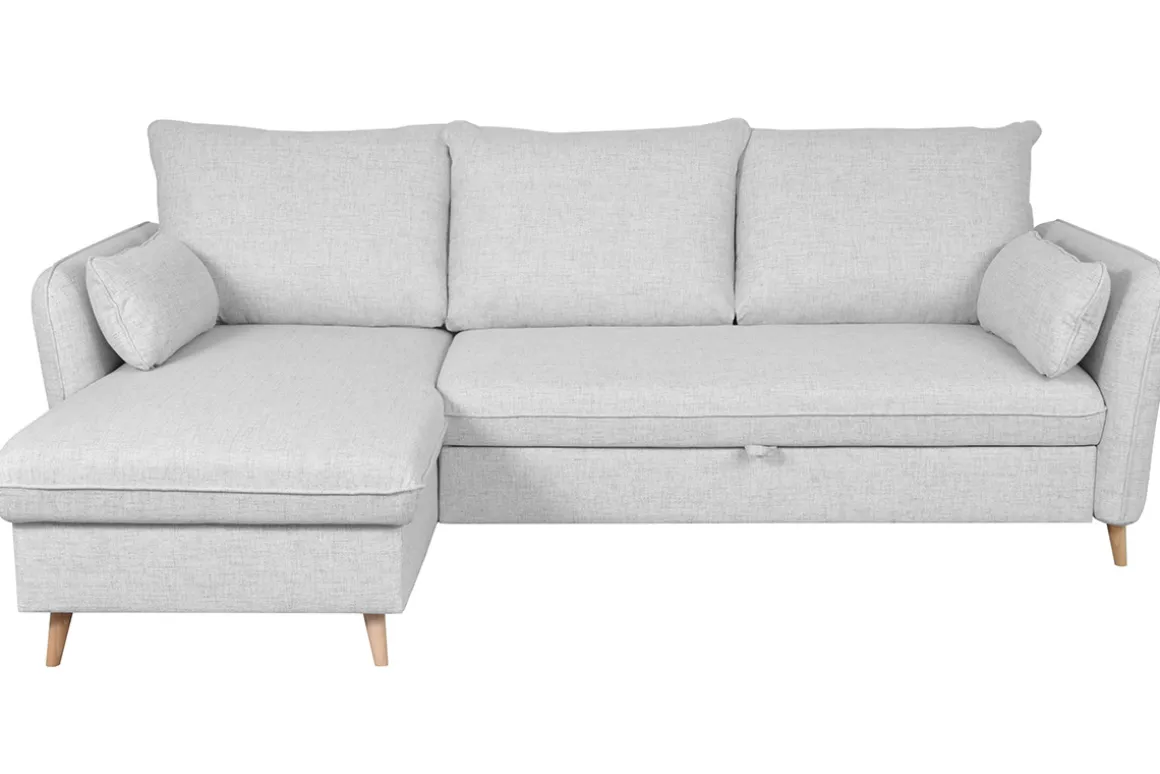 Miliboo Canapé Convertible|Canapé D'angle-Canapé d'angle convertible réversible avec coffre 3-4 places en tissu gris clair et bois clair DRISS