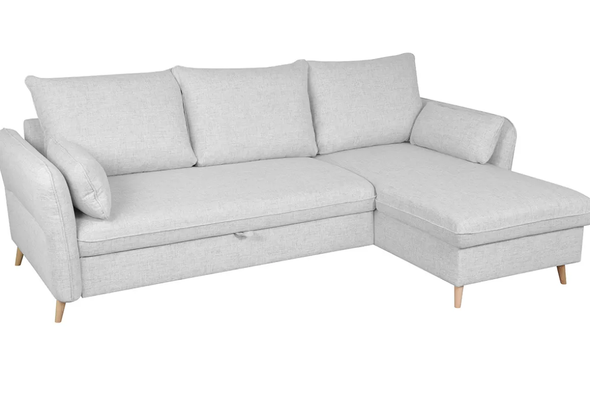 Miliboo Canapé Convertible|Canapé D'angle-Canapé d'angle convertible réversible avec coffre 3-4 places en tissu gris clair et bois clair DRISS