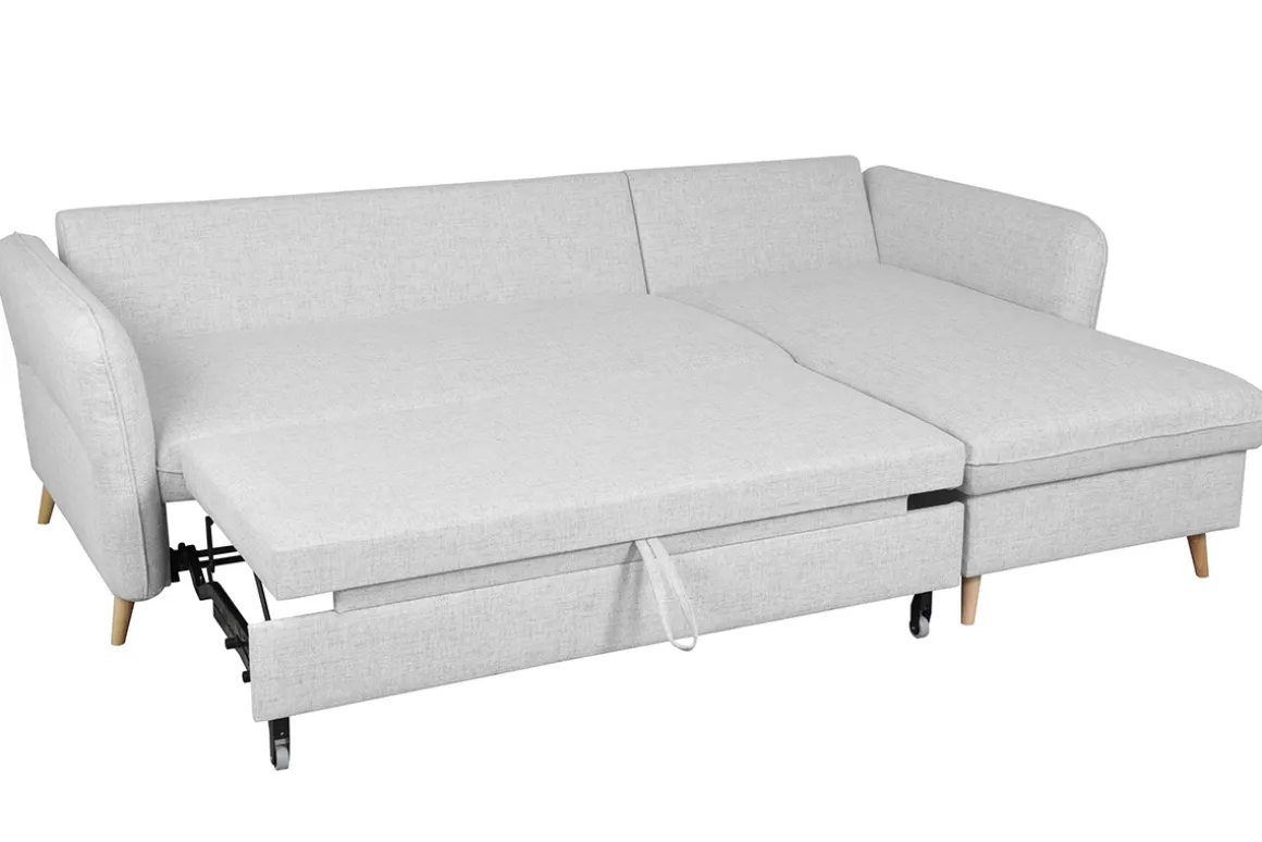 Miliboo Canapé Convertible|Canapé D'angle-Canapé d'angle convertible réversible avec coffre 3-4 places en tissu gris clair et bois clair DRISS