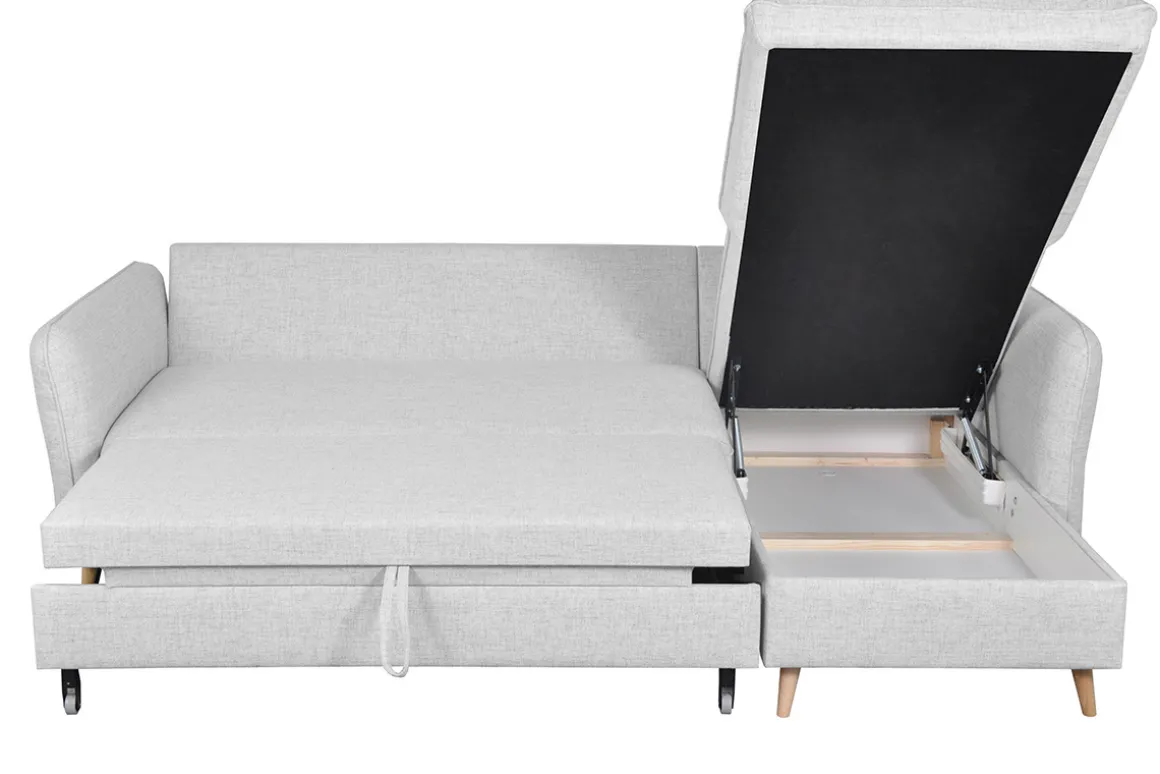 Miliboo Canapé Convertible|Canapé D'angle-Canapé d'angle convertible réversible avec coffre 3-4 places en tissu gris clair et bois clair DRISS
