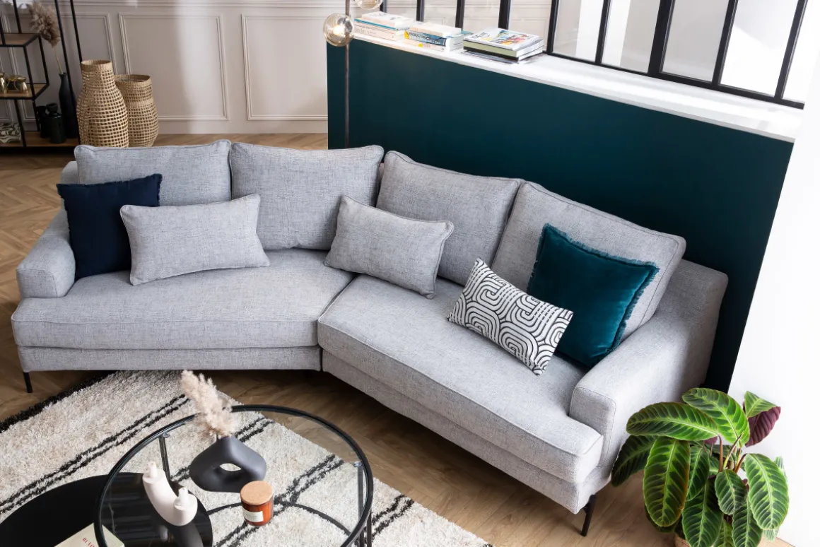 Miliboo Canapé D'angle|Voir Tous Les Canapés-Canapé d'angle design 5 places en tissu gris chiné et métal noir PUCHKINE