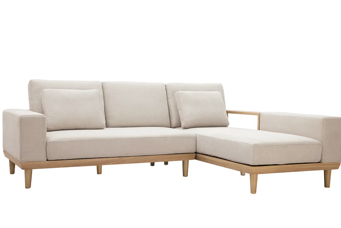 Miliboo Canapé D'angle|Voir Tous Les Canapés-Canapé d'angle droit 5 places avec rangements en tissu effet velours texturé beige et bois clair KOMAO