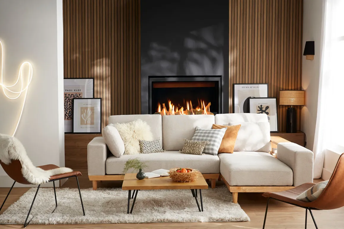 Miliboo Canapé D'angle|Voir Tous Les Canapés-Canapé d'angle droit 5 places avec rangements en tissu effet velours texturé beige et bois clair KOMAO