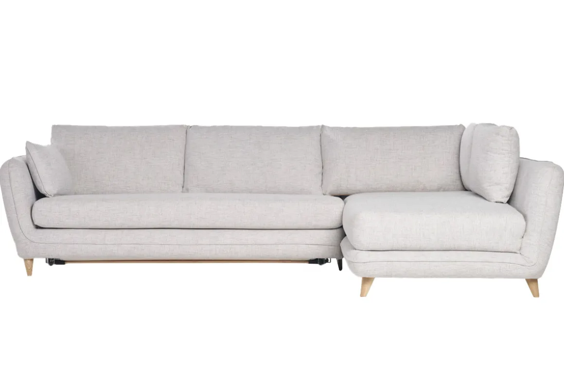 Miliboo Canapé Convertible|Canapé D'angle-Canapé d'angle droit convertible scandinave 5 places en tissu gris clair chiné et bois clair CREEP