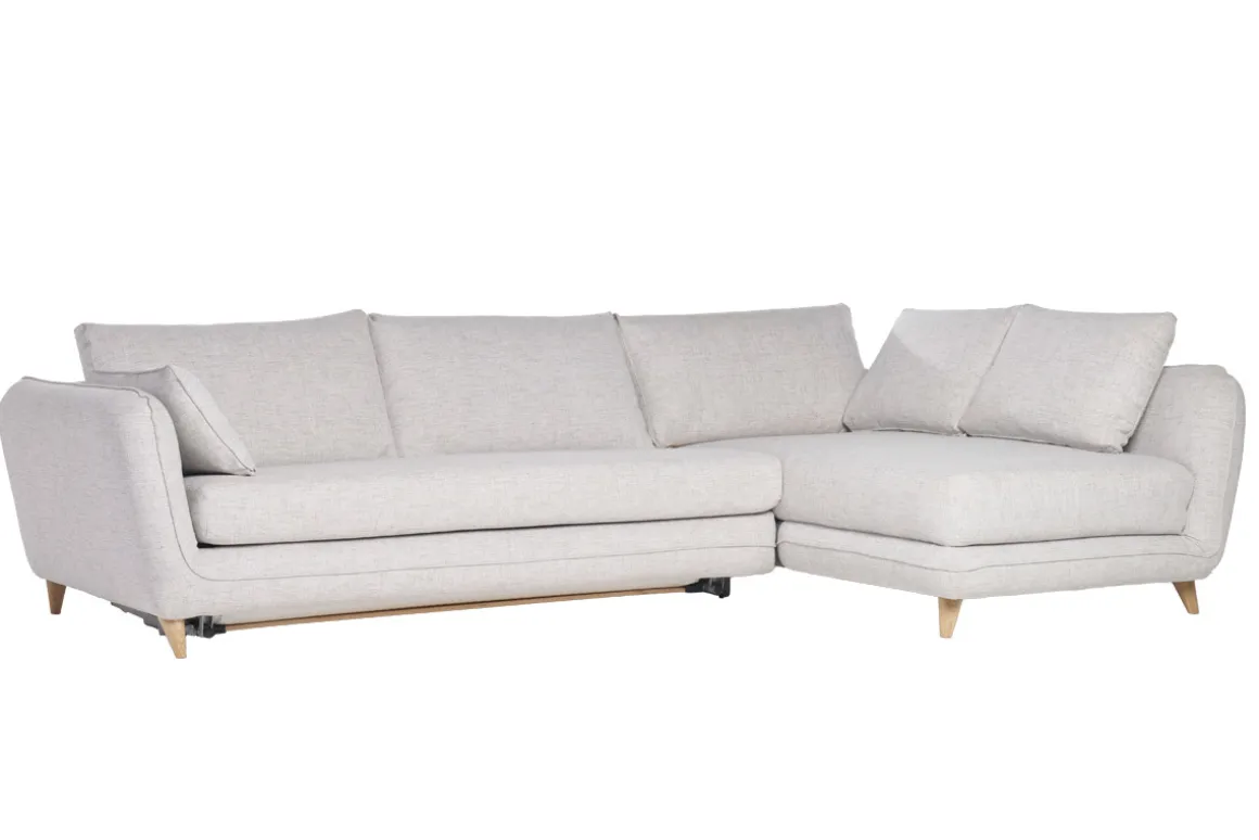 Miliboo Canapé Convertible|Canapé D'angle-Canapé d'angle droit convertible scandinave 5 places en tissu gris clair chiné et bois clair CREEP