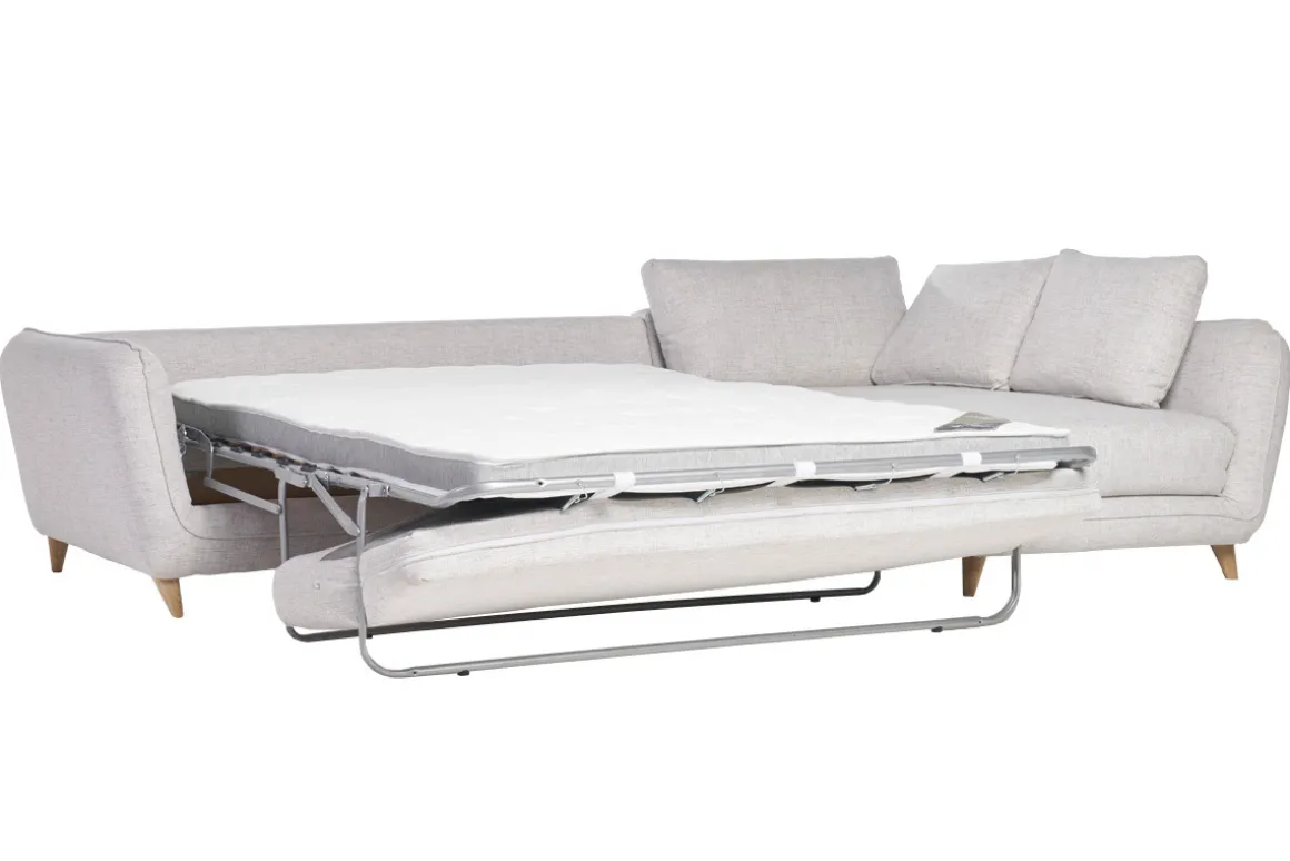 Miliboo Canapé Convertible|Canapé D'angle-Canapé d'angle droit convertible scandinave 5 places en tissu gris clair chiné et bois clair CREEP