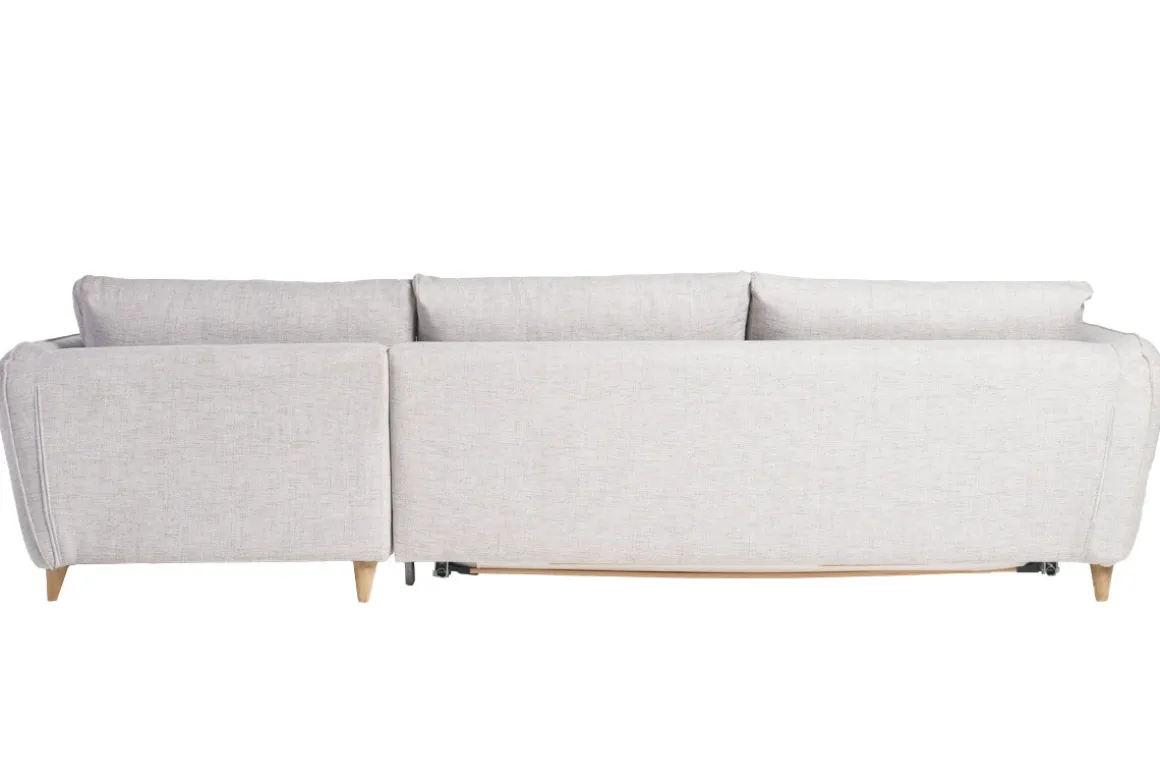 Miliboo Canapé Convertible|Canapé D'angle-Canapé d'angle droit convertible scandinave 5 places en tissu gris clair chiné et bois clair CREEP