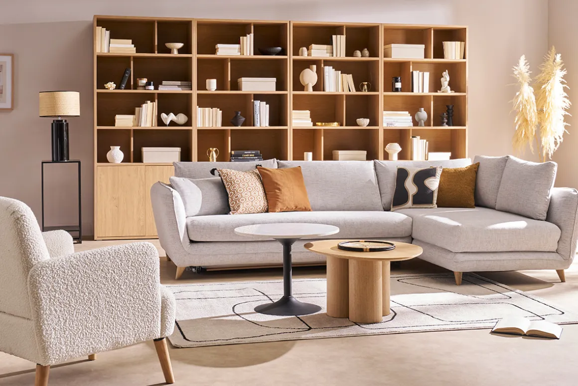 Miliboo Canapé Convertible|Canapé D'angle-Canapé d'angle droit convertible scandinave 5 places en tissu gris clair chiné et bois clair CREEP