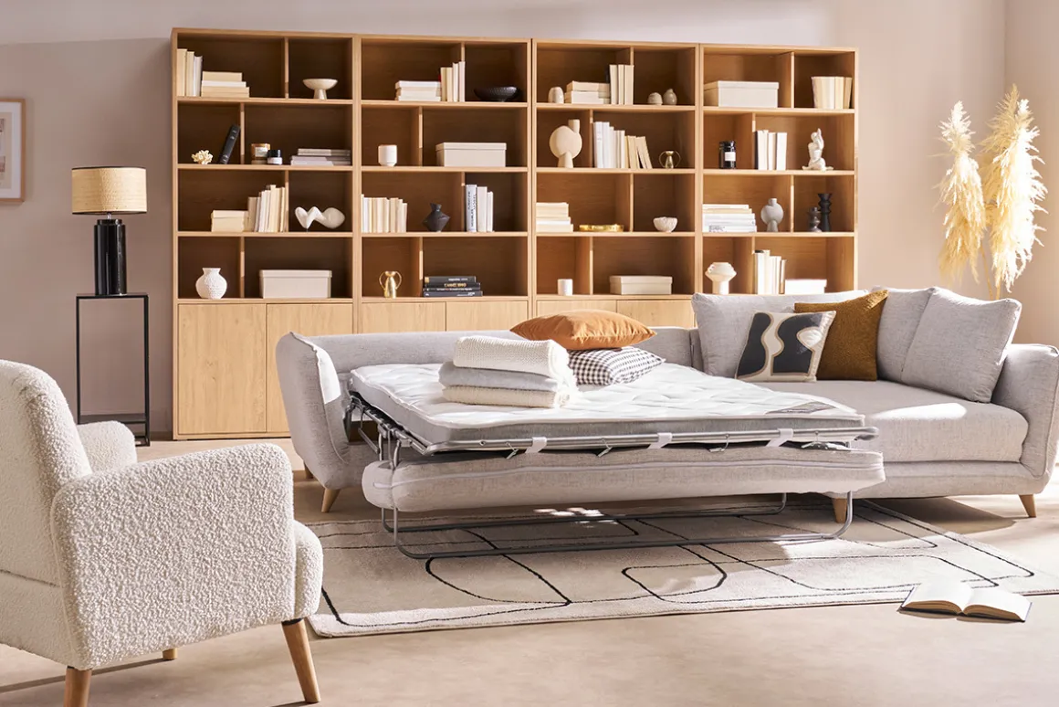 Miliboo Canapé Convertible|Canapé D'angle-Canapé d'angle droit convertible scandinave 5 places en tissu gris clair chiné et bois clair CREEP