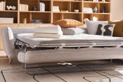 Miliboo Canapé Convertible|Canapé D'angle-Canapé d'angle droit convertible scandinave 5 places en tissu gris clair chiné et bois clair CREEP