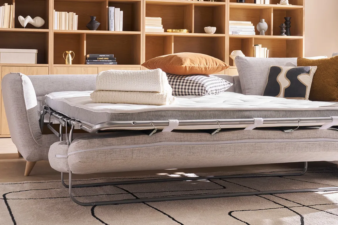 Miliboo Canapé Convertible|Canapé D'angle-Canapé d'angle droit convertible scandinave 5 places en tissu gris clair chiné et bois clair CREEP