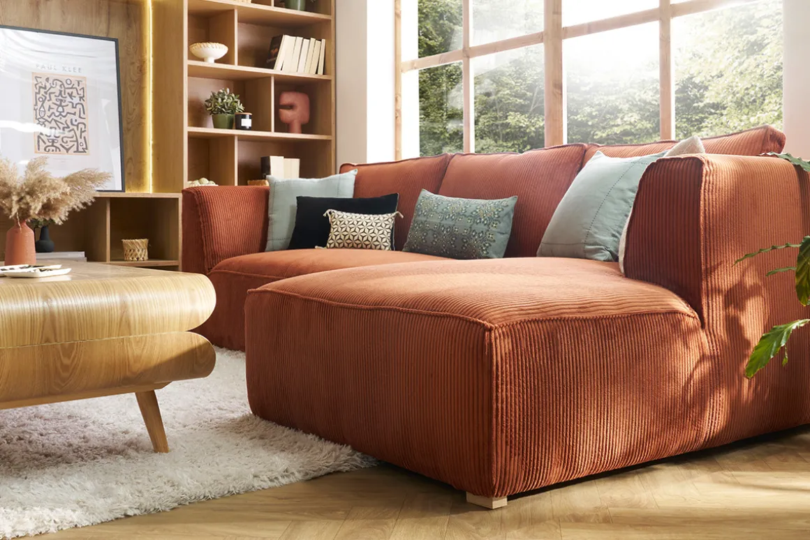 Miliboo Canapé D'angle|Voir Tous Les Canapés-Canapé d'angle droit design en tissu velours côtelé terre brûlée 3-4 places PANAM