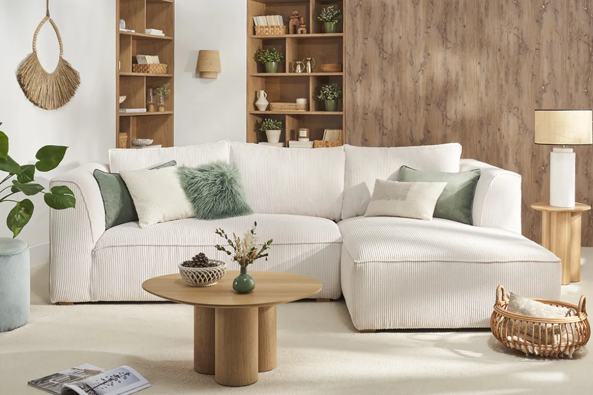 Miliboo Canapé D'angle|Voir Tous Les Canapés-Canapé d'angle droit design en tissu velours côtelé écru 3-4 places PANAM