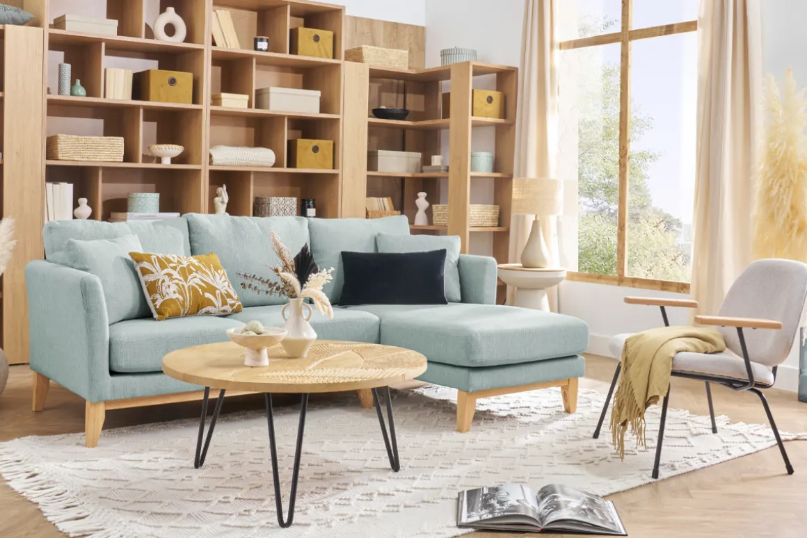 Miliboo Canapé D'angle|Voir Tous Les Canapés-Canapé d'angle droit déhoussable scandinave 4 places en tissu vert lagon et bois clair OSLO