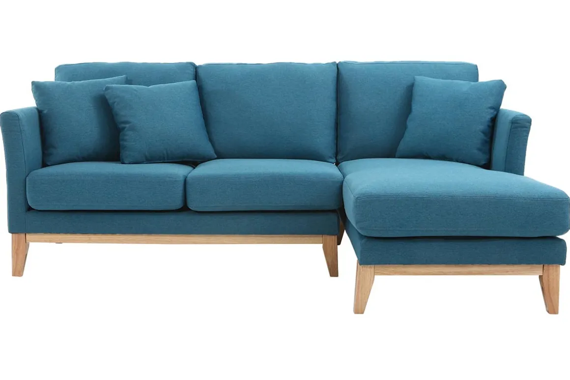 Miliboo Canapé D'angle|Voir Tous Les Canapés-Canapé d'angle droit déhoussable 4 places en tissu bleu canard et bois clair OSLO