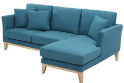 Miliboo Canapé D'angle|Voir Tous Les Canapés-Canapé d'angle droit déhoussable 4 places en tissu bleu canard et bois clair OSLO