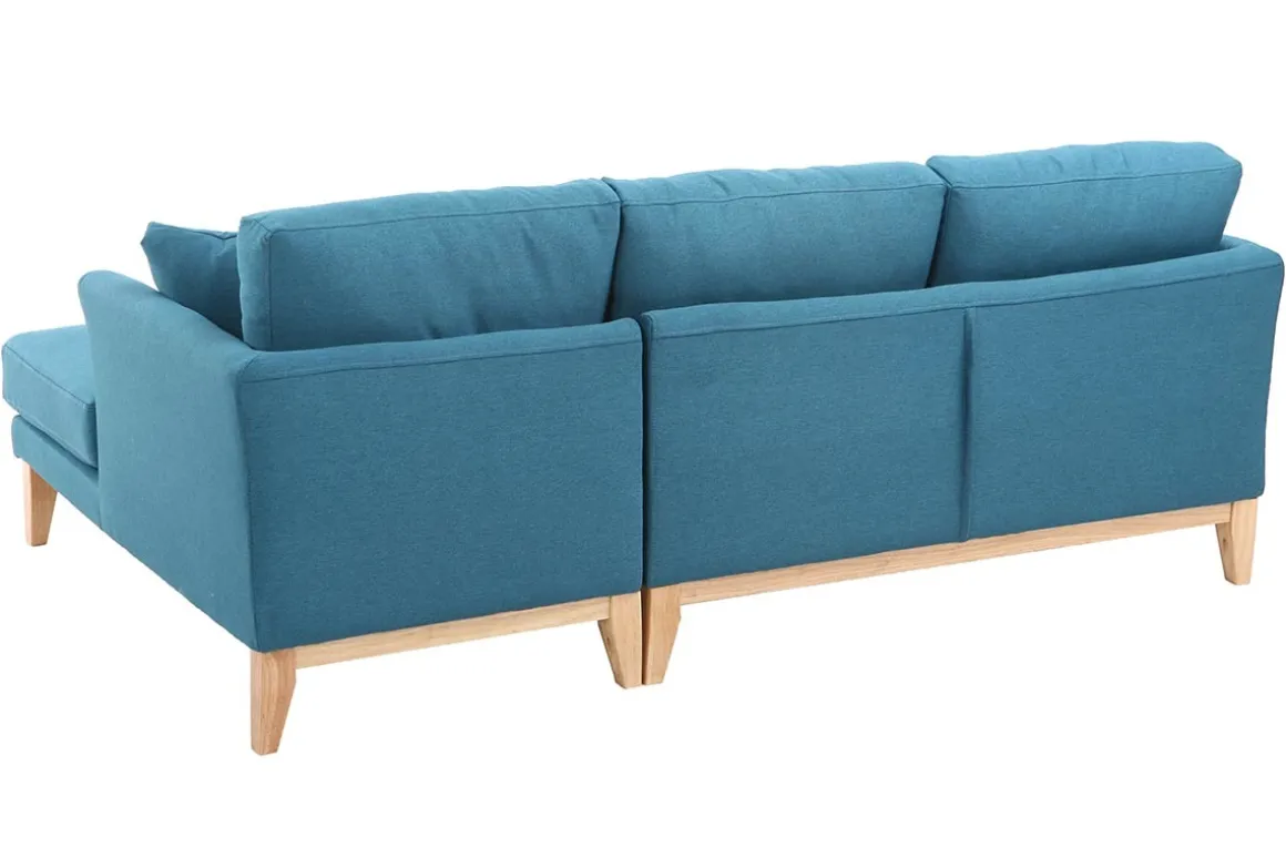 Miliboo Canapé D'angle|Voir Tous Les Canapés-Canapé d'angle droit déhoussable 4 places en tissu bleu canard et bois clair OSLO