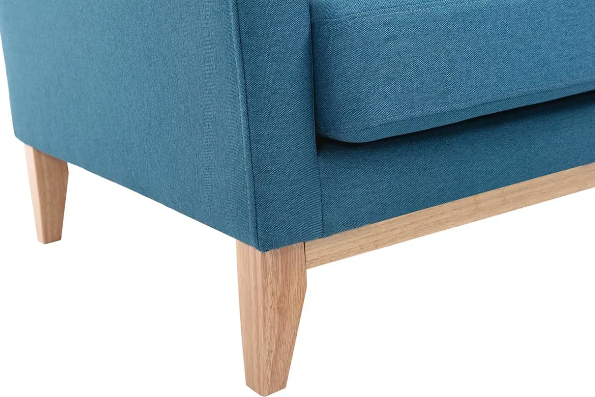 Miliboo Canapé D'angle|Voir Tous Les Canapés-Canapé d'angle droit déhoussable 4 places en tissu bleu canard et bois clair OSLO