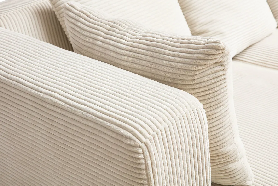 Miliboo Canapé D'angle|Voir Tous Les Canapés-Canapé d'angle gauche 3 places en tissu velours côtelé beige et bois clair HARLEM