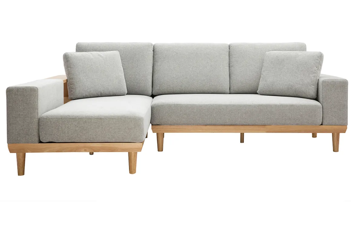Miliboo Canapé D'angle|Voir Tous Les Canapés-Canapé d'angle gauche 5 places avec rangements en tissu effet velours texturé gris clair et bois clair KOMAO