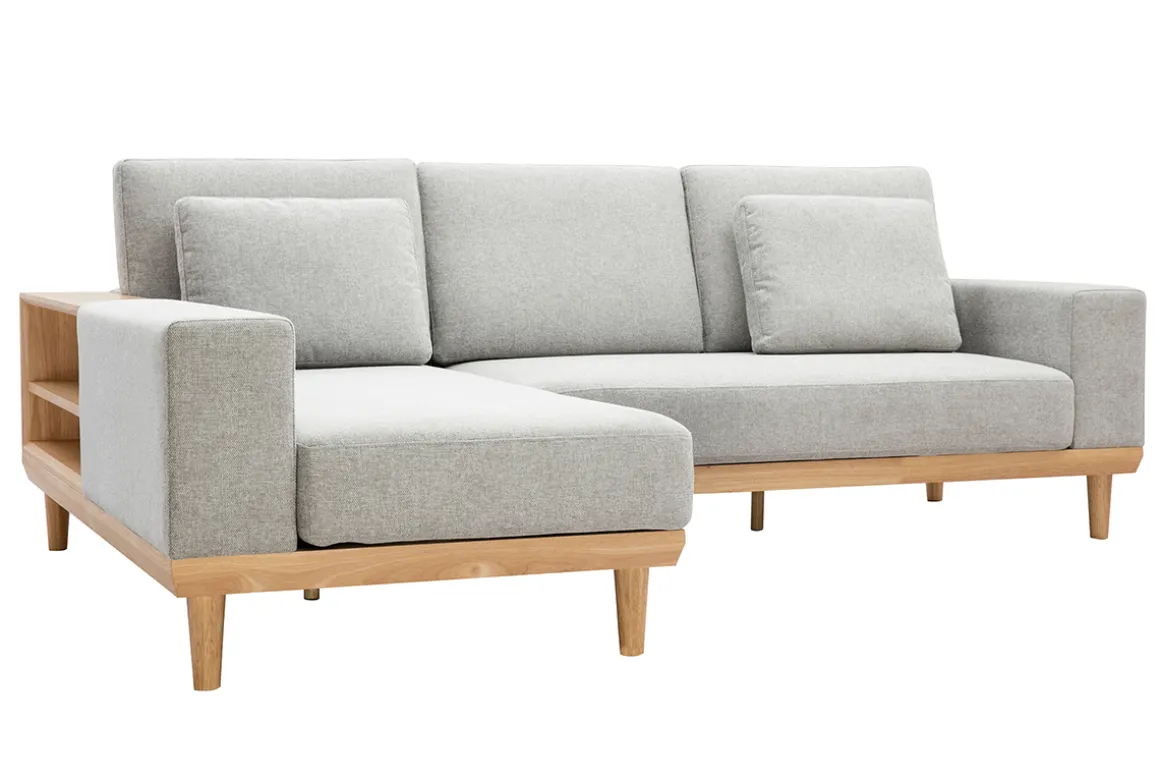 Miliboo Canapé D'angle|Voir Tous Les Canapés-Canapé d'angle gauche 5 places avec rangements en tissu effet velours texturé gris clair et bois clair KOMAO