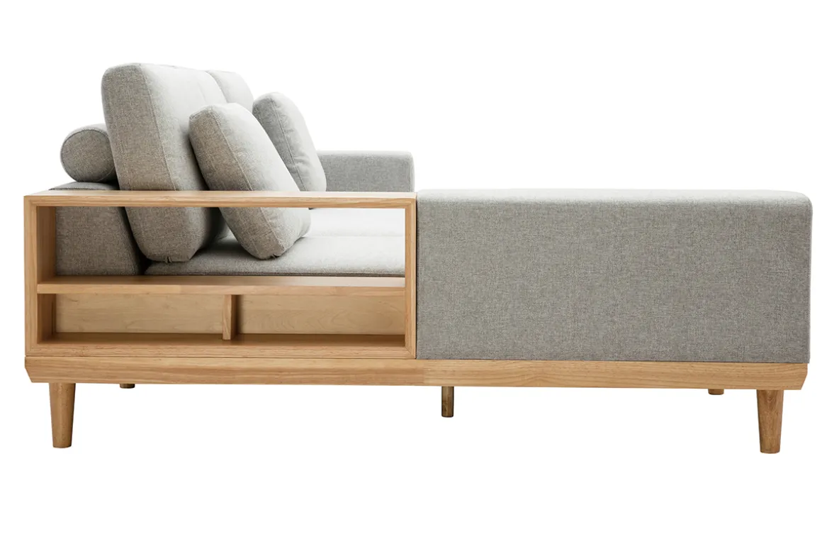 Miliboo Canapé D'angle|Voir Tous Les Canapés-Canapé d'angle gauche 5 places avec rangements en tissu effet velours texturé gris clair et bois clair KOMAO