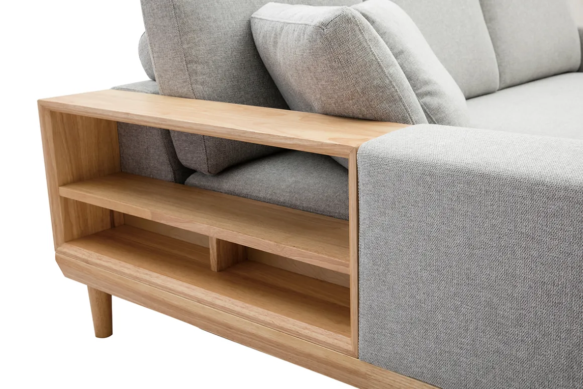 Miliboo Canapé D'angle|Voir Tous Les Canapés-Canapé d'angle gauche 5 places avec rangements en tissu effet velours texturé gris clair et bois clair KOMAO