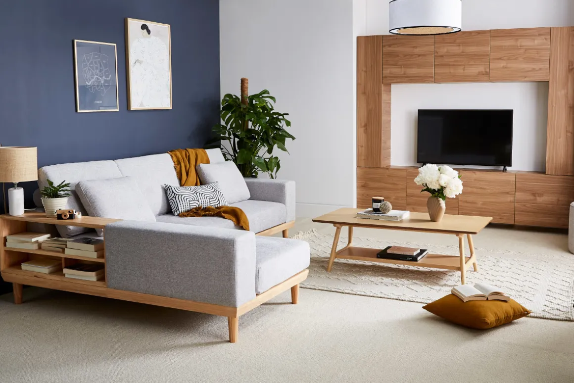 Miliboo Canapé D'angle|Voir Tous Les Canapés-Canapé d'angle gauche 5 places avec rangements en tissu effet velours texturé gris clair et bois clair KOMAO