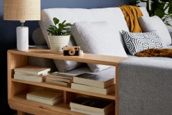 Miliboo Canapé D'angle|Voir Tous Les Canapés-Canapé d'angle gauche 5 places avec rangements en tissu effet velours texturé gris clair et bois clair KOMAO