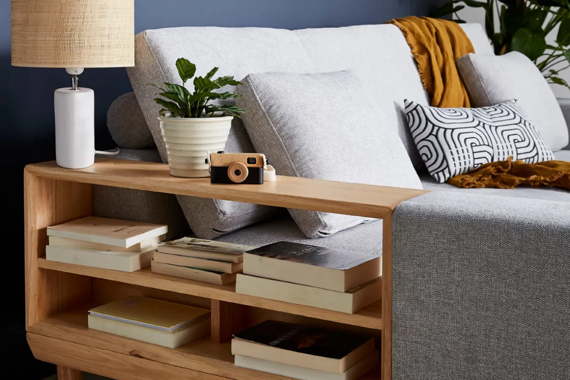 Miliboo Canapé D'angle|Voir Tous Les Canapés-Canapé d'angle gauche 5 places avec rangements en tissu effet velours texturé gris clair et bois clair KOMAO