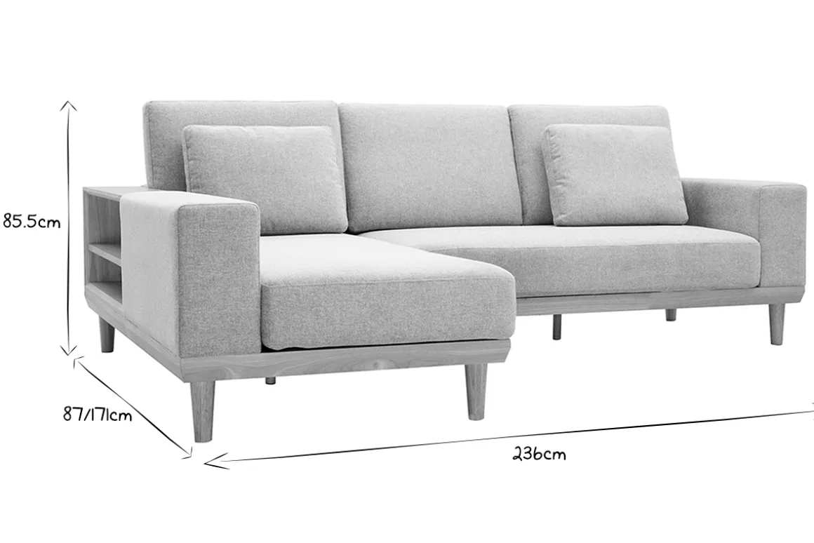 Miliboo Canapé D'angle|Voir Tous Les Canapés-Canapé d'angle gauche 5 places avec rangements en tissu effet velours texturé gris clair et bois clair KOMAO