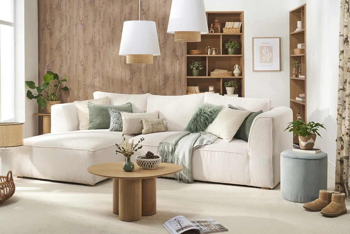 Miliboo Canapé D'angle|Voir Tous Les Canapés-Canapé d'angle gauche design en tissu velours côtelé écru 3-4 places PANAM