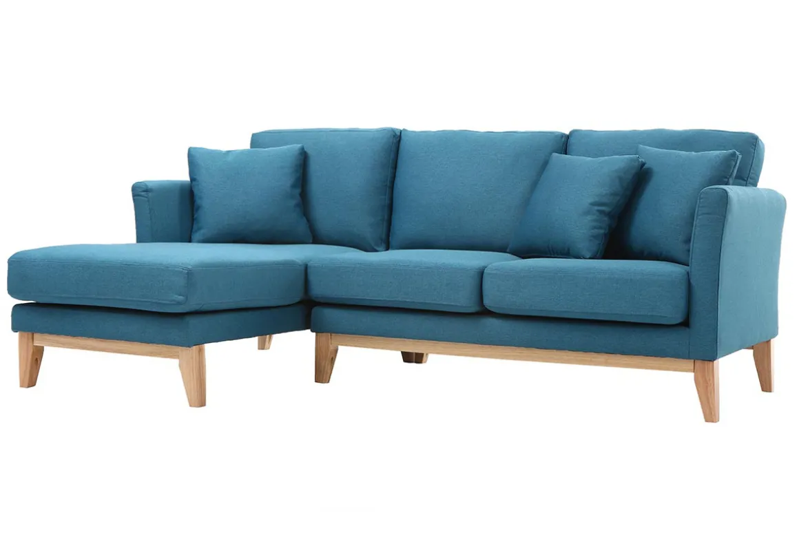 Miliboo Canapé D'angle|Voir Tous Les Canapés-Canapé d'angle gauche scandinave bleu canard déhoussable et bois clair 3-4 places OSLO