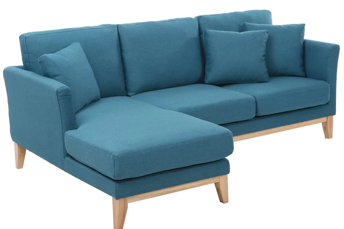 Miliboo Canapé D'angle|Voir Tous Les Canapés-Canapé d'angle gauche scandinave bleu canard déhoussable et bois clair 3-4 places OSLO