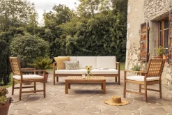 Miliboo Salon De Jardin-Canapé de jardin 3 places en bois massif et coussins déhoussables beige naturel L190 cm AKIS