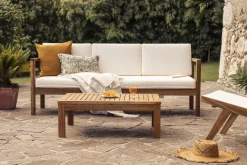 Miliboo Salon De Jardin-Canapé de jardin 3 places en bois massif et coussins déhoussables beige naturel L190 cm AKIS