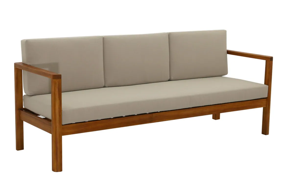 Miliboo Salon De Jardin-Canapé de jardin 3 places en bois massif et coussins déhoussables taupe L190 cm AKIS