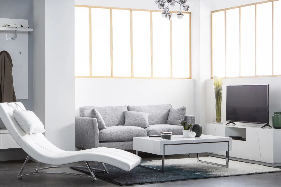 Miliboo Canapé Design|Voir Tous Les Canapés-Canapé design 3 places en tissu gris clair et acier chromé VOLUPT