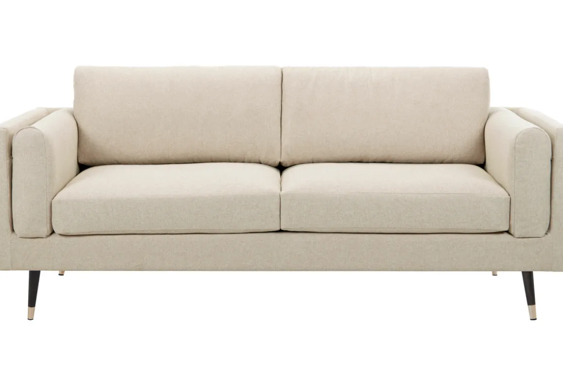 Miliboo Canapé Design|Voir Tous Les Canapés-Canapé design 3 places en tissu beige, bois noir et métal doré STING