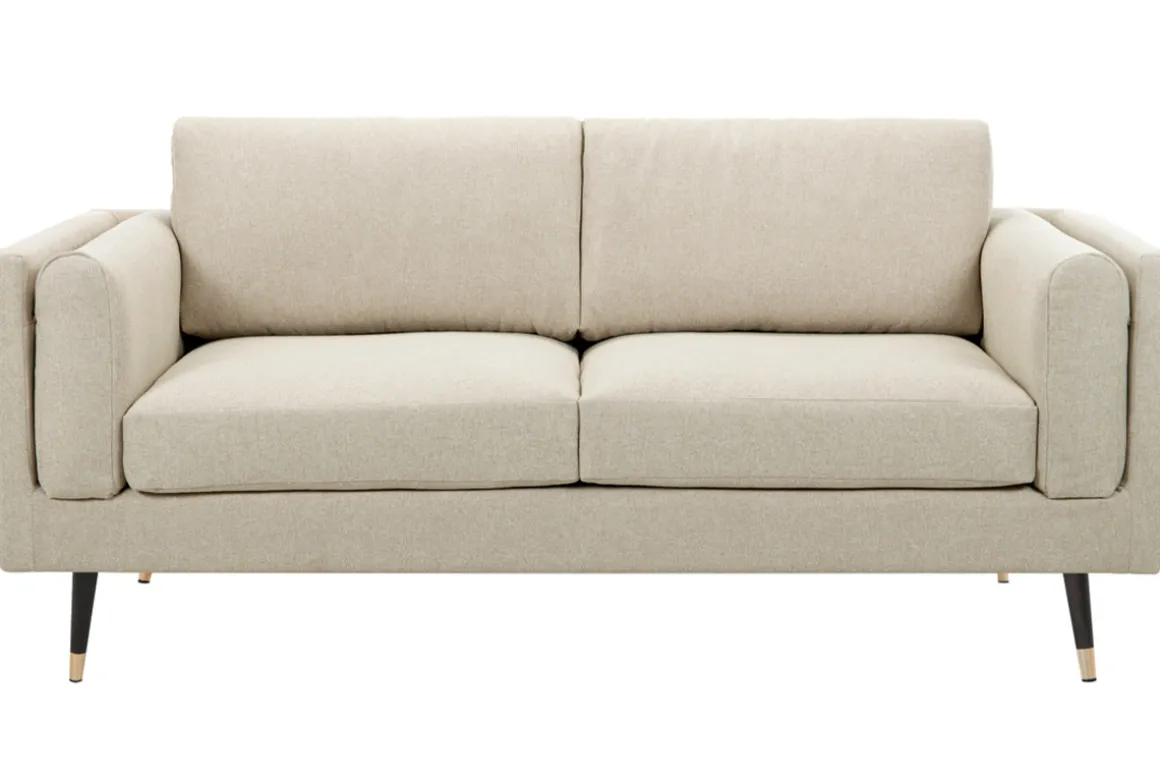 Miliboo Canapé Design|Voir Tous Les Canapés-Canapé design 2-3 places en tissu beige naturel, bois noir et métal doré STING