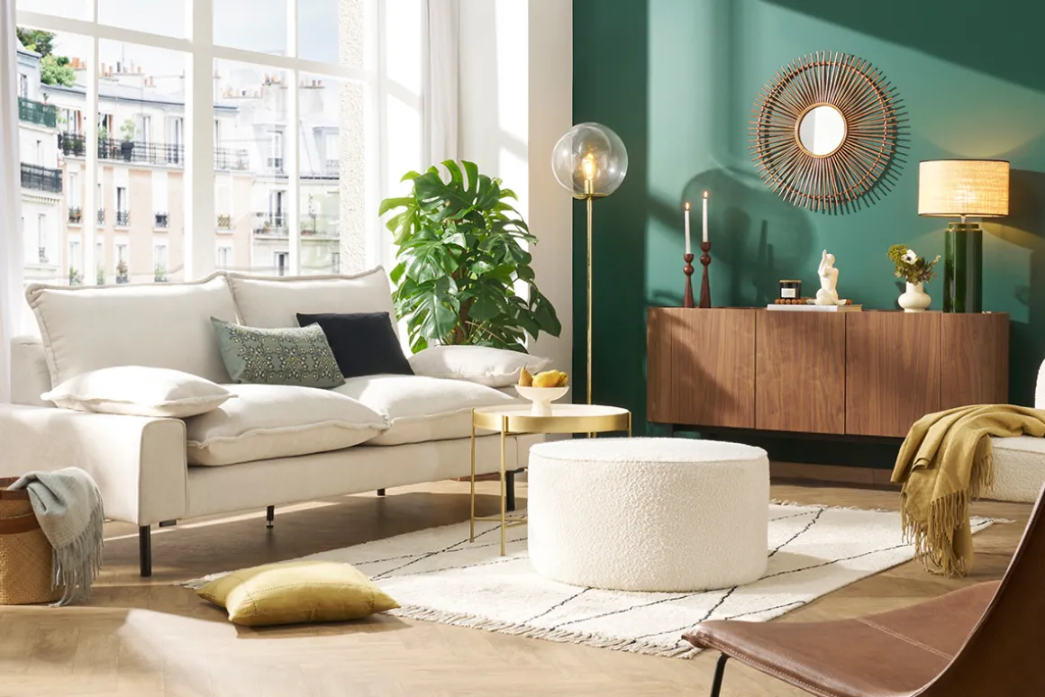 Miliboo Canapé Design|Voir Tous Les Canapés-Canapé design 3 places en tissu effet velours beige et métal noir DORY