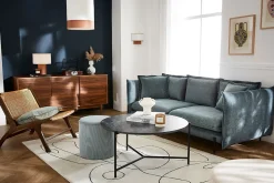 Miliboo Canapé Design|Voir Tous Les Canapés-Canapé design 3-4 places en tissu velours bleu gris et métal noir ALMAR