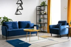 Miliboo Canapé Design|Voir Tous Les Canapés-Canapé design 3 places en tissu velours bleu foncé et métal noir BEKA