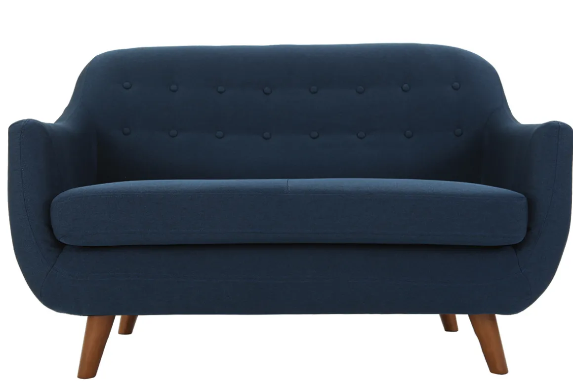 Miliboo Canapé Design|Voir Tous Les Canapés-Canapé déhoussable 2 places en tissu bleu foncé et bois foncé YNOK
