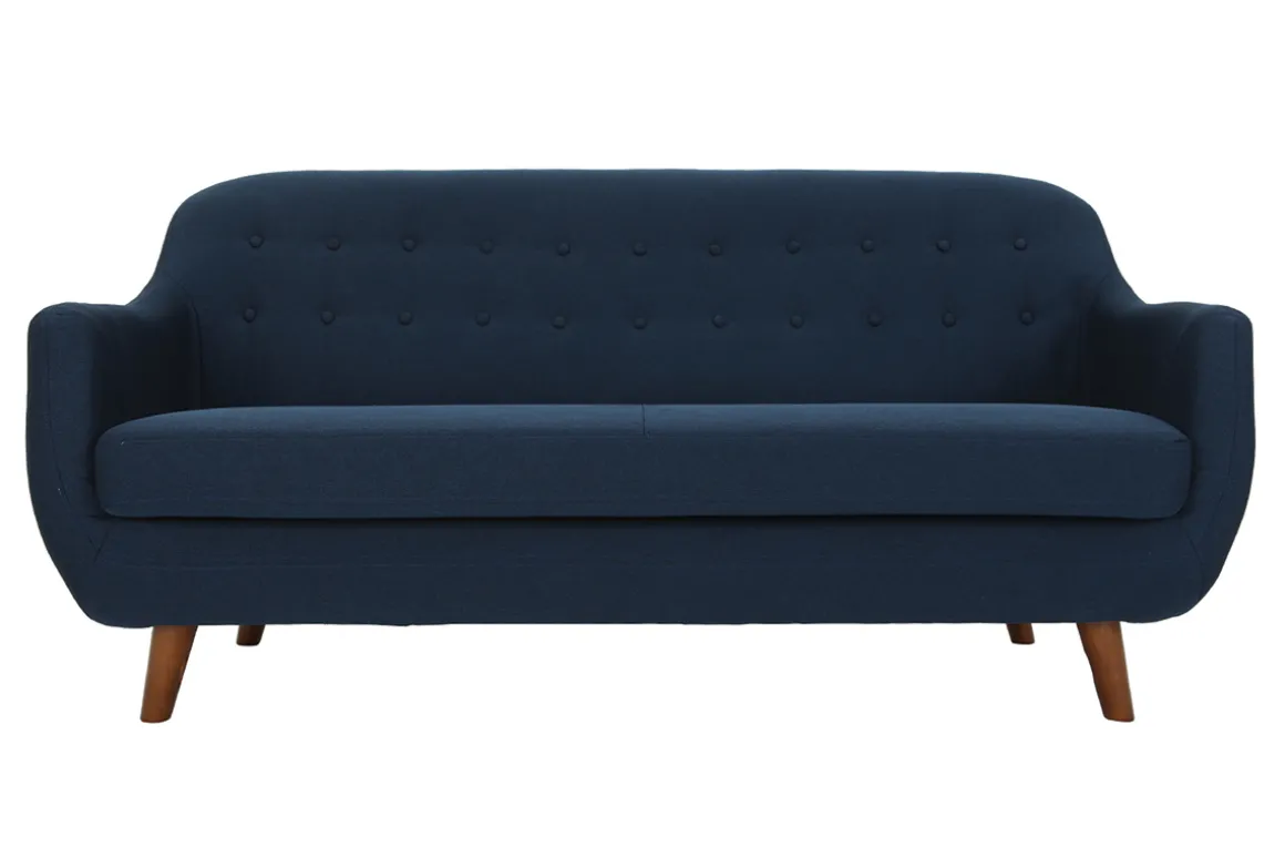 Miliboo Canapé Design|Voir Tous Les Canapés-Canapé déhoussable 3 places en tissu bleu foncé et bois foncé YNOK