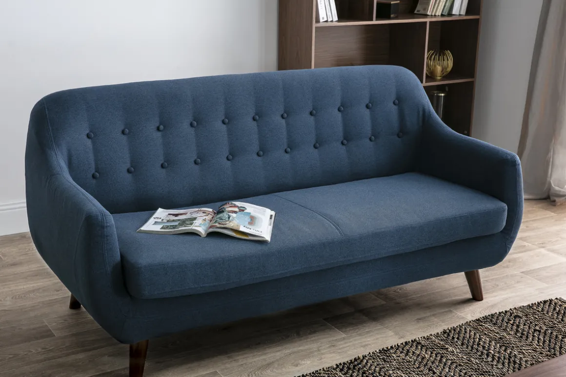 Miliboo Canapé Design|Voir Tous Les Canapés-Canapé déhoussable 3 places en tissu bleu foncé et bois foncé YNOK