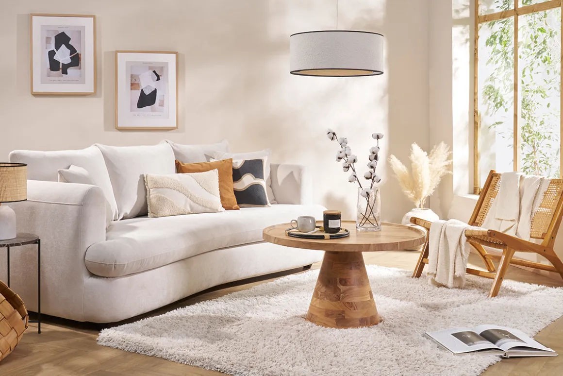 Miliboo Canapé Design|Voir Tous Les Canapés-Canapé déhoussable 3-4 places design haricot en tissu effet velours beige clair SACHA