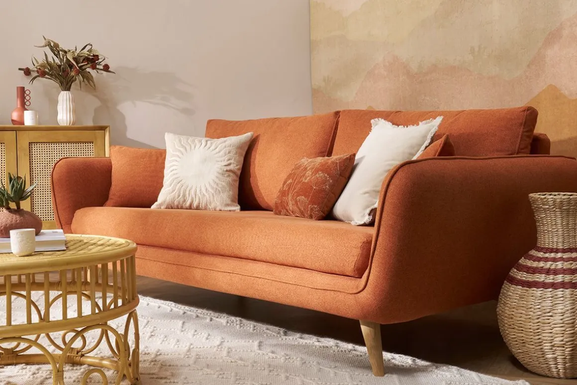 Miliboo Voir Tous Les Canapés-Canapé scandinave 3 places en tissu brique et bois clair CREEP