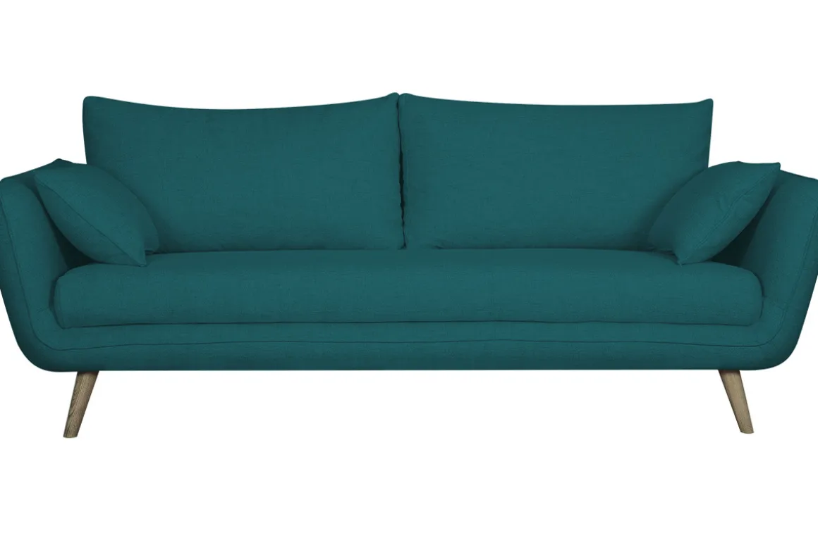 Miliboo Canapé Design|Voir Tous Les Canapés-Canapé scandinave 3 places en tissu bleu paon et bois clair CREEP