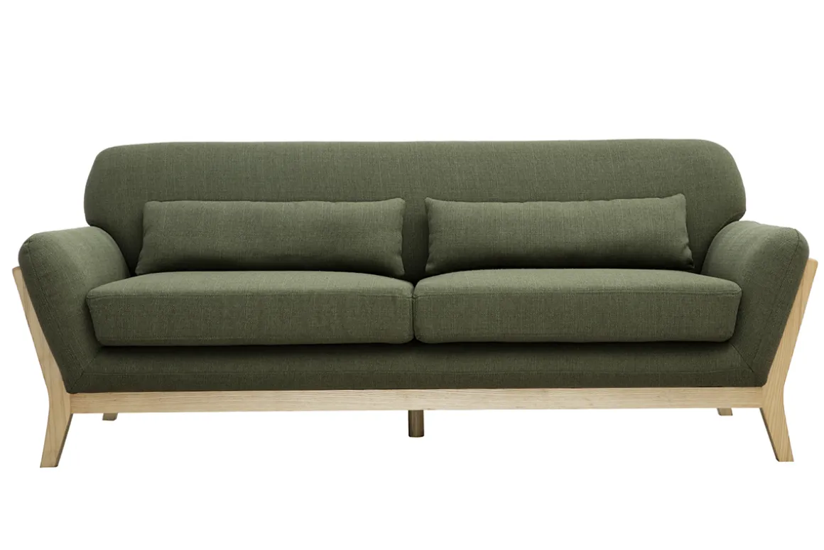 Miliboo Canapé Design|Voir Tous Les Canapés-Canapé scandinave 3 places en tissu vert kaki et bois clair YOKO